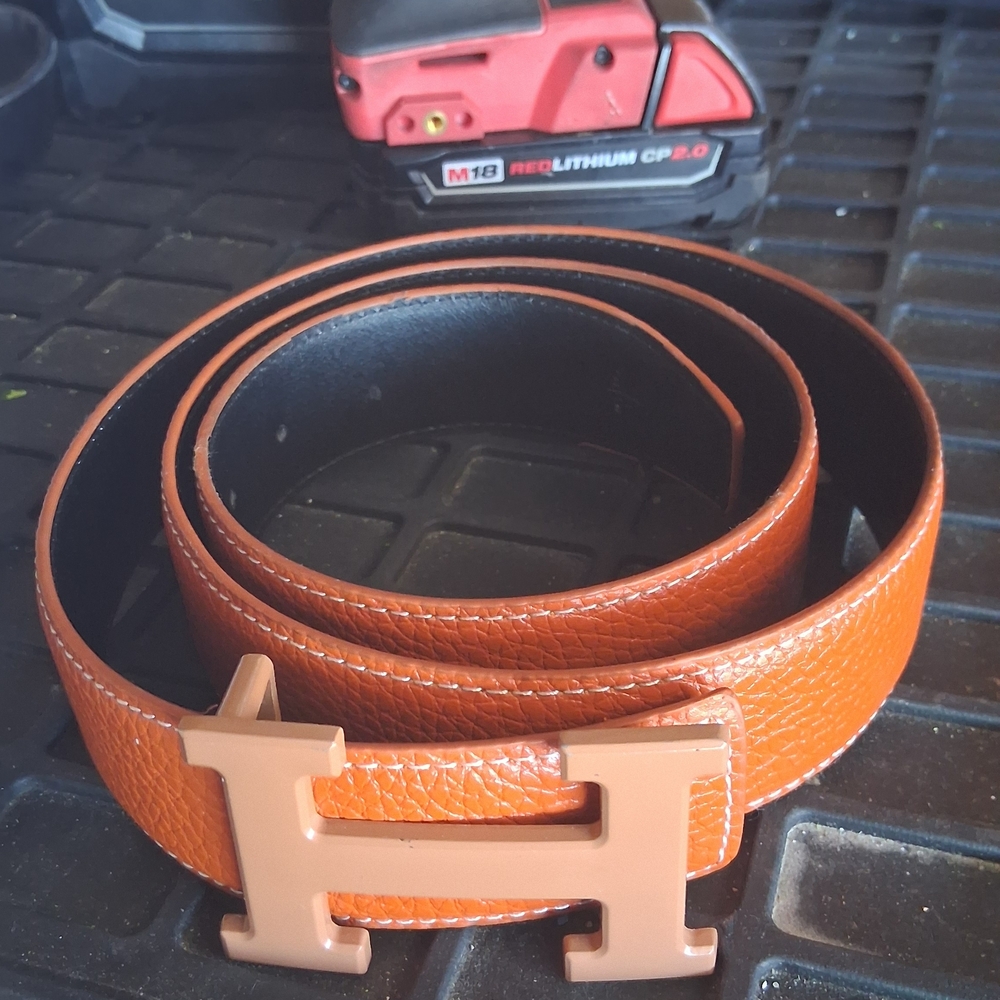Orange Leather Men's Belt with H Buckle
